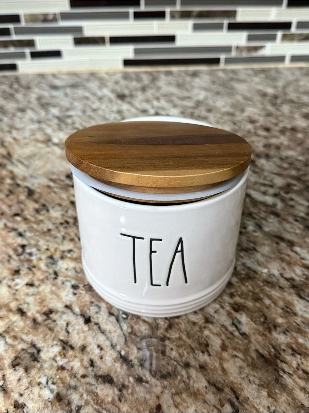 Rae Dunn White Ceramic Tea Canister with Bamboo Wood Lid